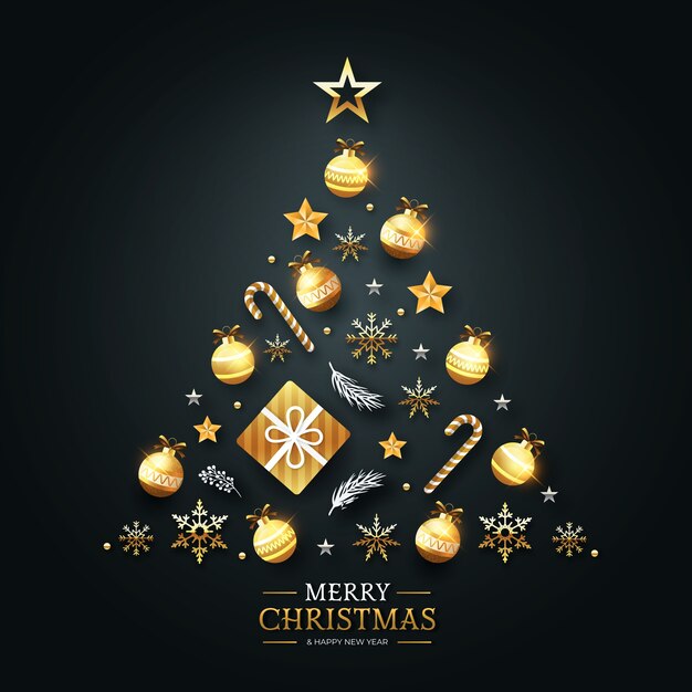 Concepto de árbol de Navidad hecho de decoración dorada realista