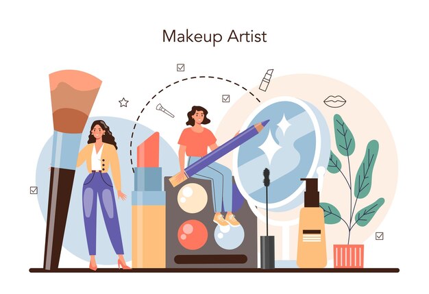 Concepto de artista de maquillaje Artista profesional haciendo un procedimiento de belleza aplicando cosméticos en la cara Visagiste maquillando a un modelo usando un cepillo Ilustración vectorial plana