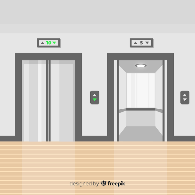 Concepto de ascensor con puerta abierta y cerrada en estilo flat