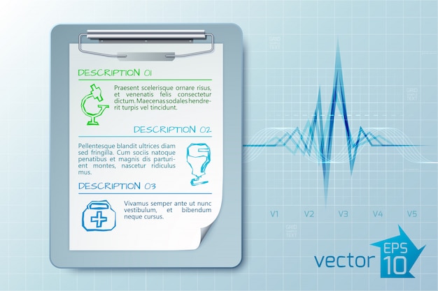 Vector gratuito concepto de atención médica con texto del portapapeles tres descripciones iconos de boceto en cardio ligero aislado