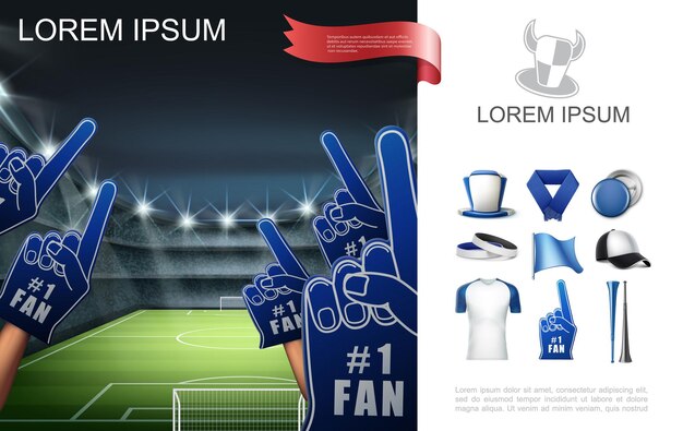 Concepto de atributos de los fanáticos del fútbol realista con gorra de campo de fútbol sombrero bufanda bandera camisa guantes de espuma insignias vuvuzela trompetas ilustración