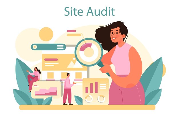 Concepto de auditoría del sitio web Análisis de la página web de la visibilidad del sitio web en los motores de búsqueda Análisis de datos web de auditoría SEO Ilustración de vector plano aislado