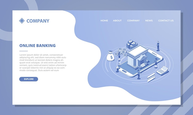 Concepto de banca digital en línea para plantilla de sitio web o página de inicio de aterrizaje con estilo isométrico y de contorno