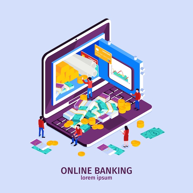 Concepto de banca en línea con símbolos de tecnología moderna isométrica