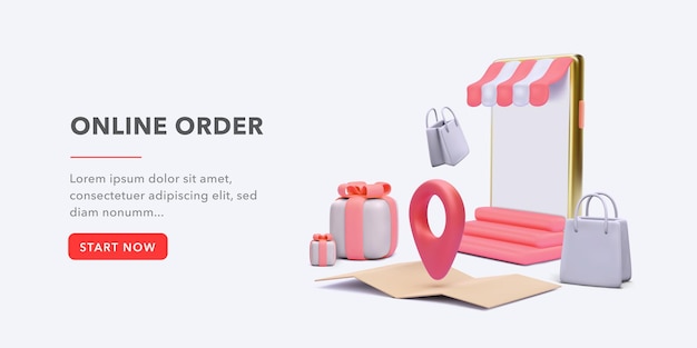 Concepto de banner para pedidos rápidos en línea con tienda en teléfono, regalos, bolsas de regalo, ubicación en estilo realista. Ilustración vectorial