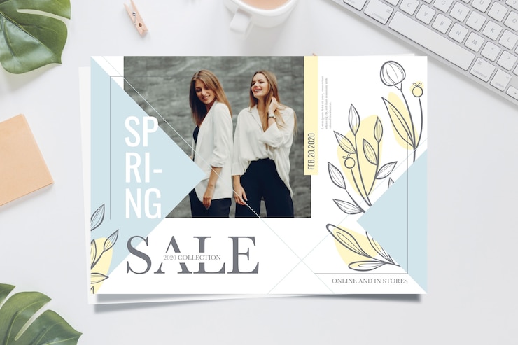 Vector gratuito concepto de banner de venta de primavera con modelo