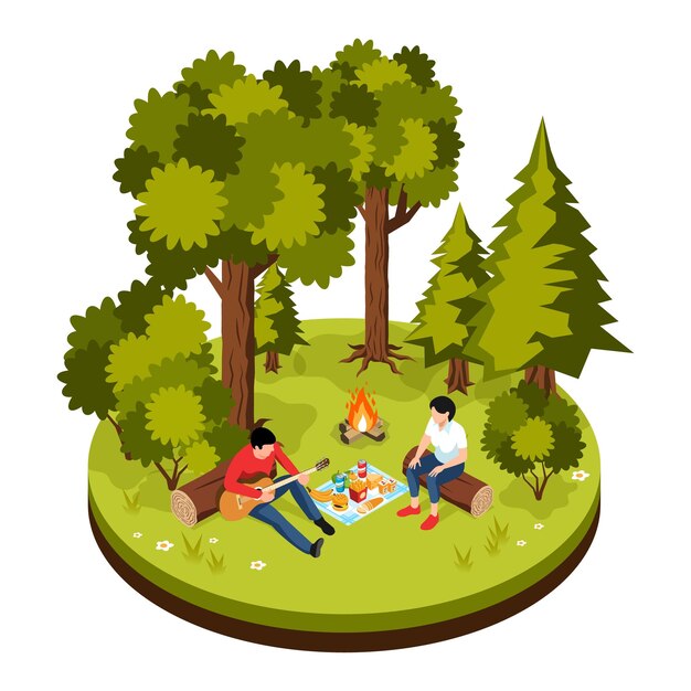 Concepto de barbacoa isométrica con personas que tienen una fiesta de picnic cerca de la ilustración del vector de la hoguera del bosque