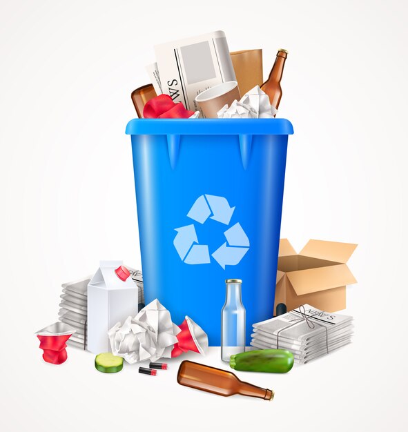 Concepto de basura y residuos con vidrio y papel de alimentos realistas