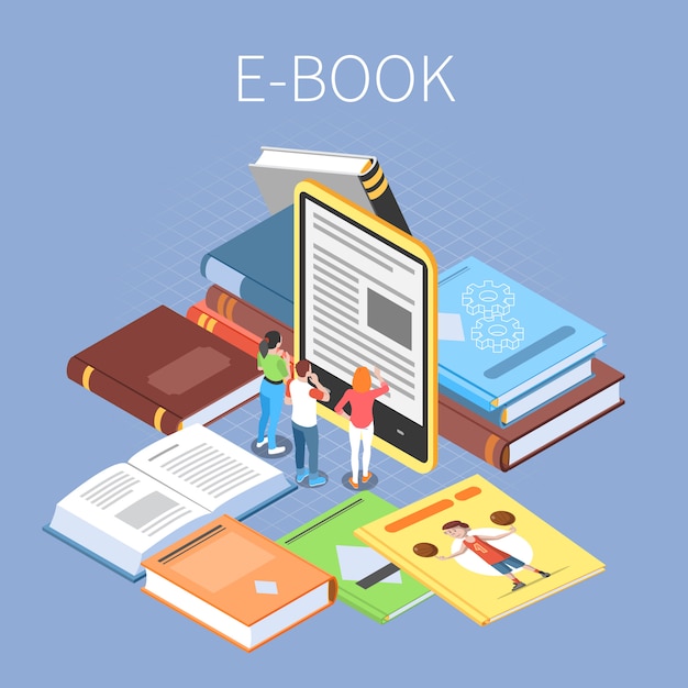 Concepto de biblioteca con lectura en línea y símbolos de libros electrónicos isométricos