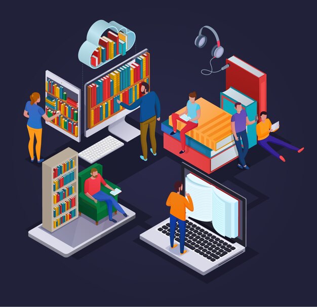 Concepto de biblioteca en línea con dispositivos electrónicos de lectura de personas y estantes de libros isométricos 3d