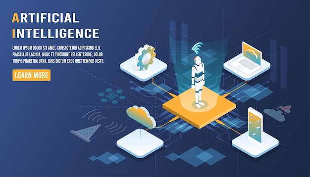 Concepto de big data e inteligencia artificial La inteligencia artificial humanoide con red neuronal incluye tecnología de big data