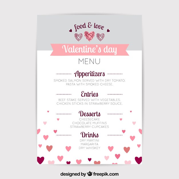 Concepto blanco y gris de menú de san valentin