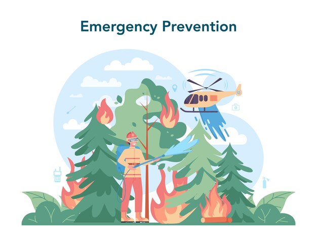 Concepto de bombero Cuerpo de bomberos profesional firhting con llama Personaje con casco y uniforme regando un incendio forestal Ilustración de vector plano aislado