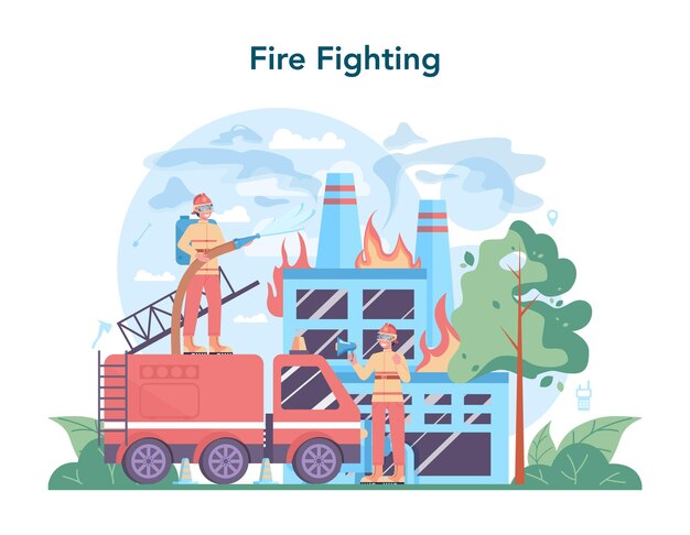 Concepto de bombero Cuerpo de bomberos profesional firhting con llama Personaje con casco y uniforme rescatando a personas del edificio en llamas Ilustración de vector plano aislado