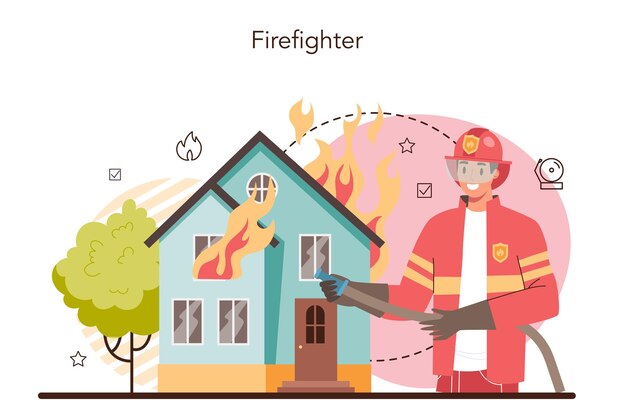 Concepto de bombero Cuerpo de bomberos profesional luchando con llamas Personaje con casco y uniforme sosteniendo una manguera hidrante que riega el edificio en llamas Ilustración vectorial plana