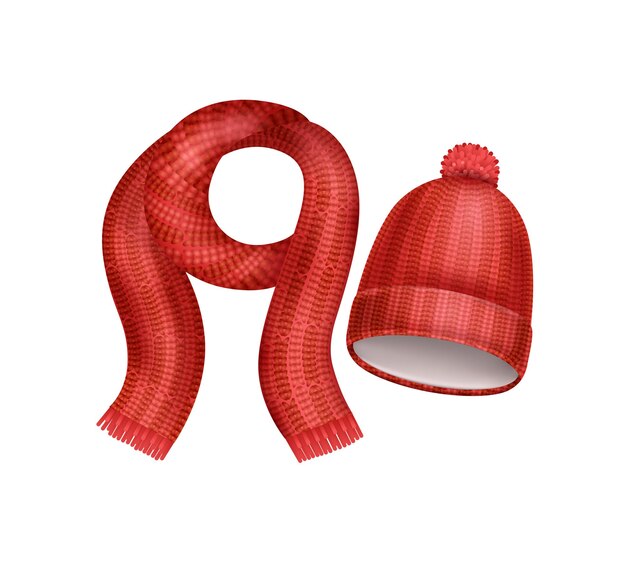 Concepto de bufanda de sombrero de gorro realista par de punto rojo de bufanda acogedora y sombrero con ilustración de vector de pompón
