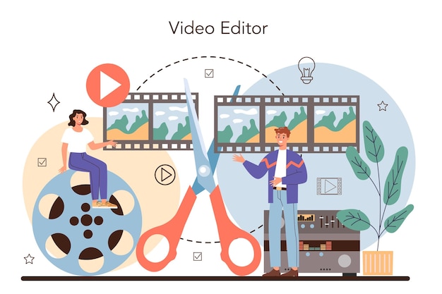 Concepto de camarógrafo Producción de video filmación y edición Camarógrafo o diseñador de movimiento Creación de contenido visual para medios con equipo especial Ilustración de vector plano