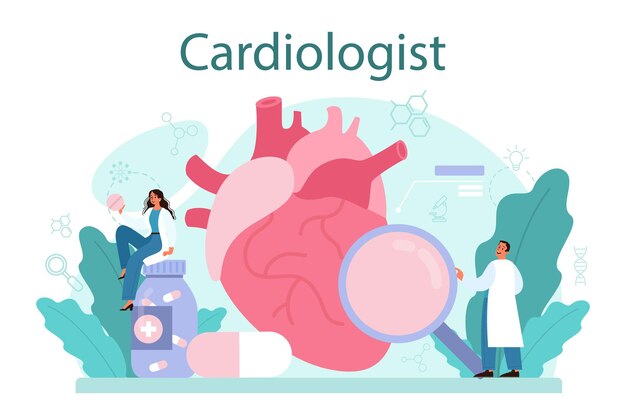 Concepto de cardiólogo Idea de atención cardíaca y diagnóstico médico Los médicos tratan enfermedades cardíacas Órgano interno Ilustración aislada en estilo de dibujos animados