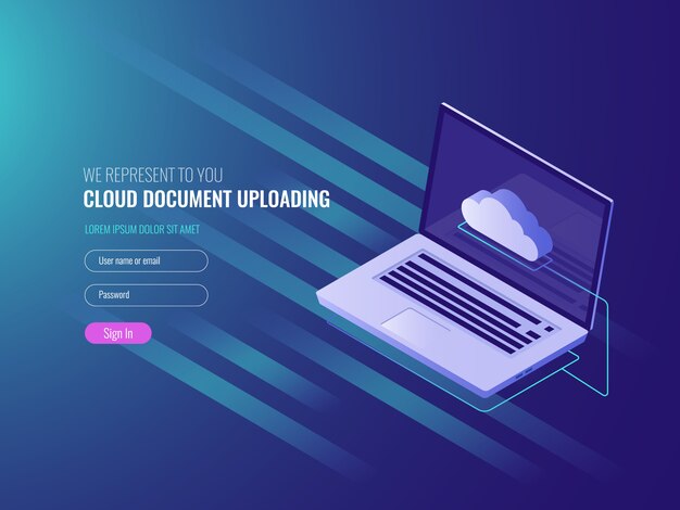 Concepto de carga de documentos en la nube, copia del archivo del servidor clous y almacenamiento