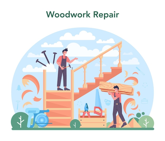 Concepto de carpintero o carpintero Constructor de muebles de madera que trabaja con madera Taller de carpintería y carpintería Ilustración vectorial aislada