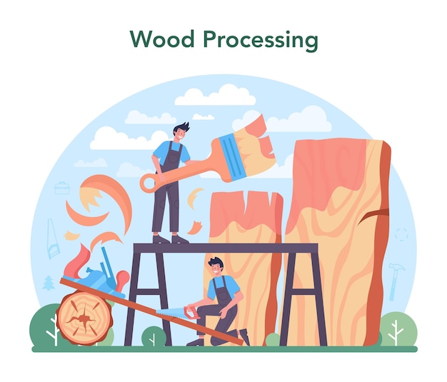 Concepto de carpintero Trabajador de la madera que procesa bloques de madera Constructor que trabaja con construcciones de fabricación de madera Taller de carpintería y carpintería Ilustración vectorial aislada