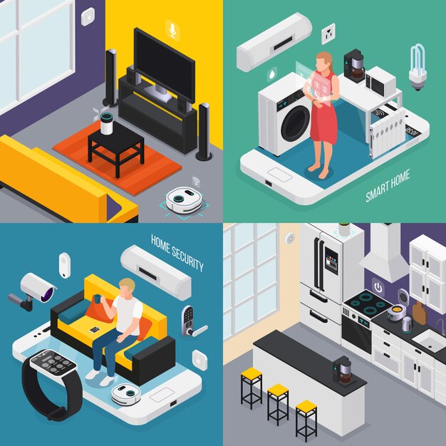 Concepto de casa inteligente 4 composiciones isométricas con cocina baño tv iot smartphone smartwatch dispositivos controlados ilustración