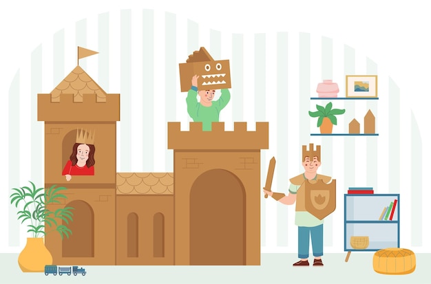 Concepto de castillo de cartón con niños jugando héroes de cuento de hadas ilustración vectorial