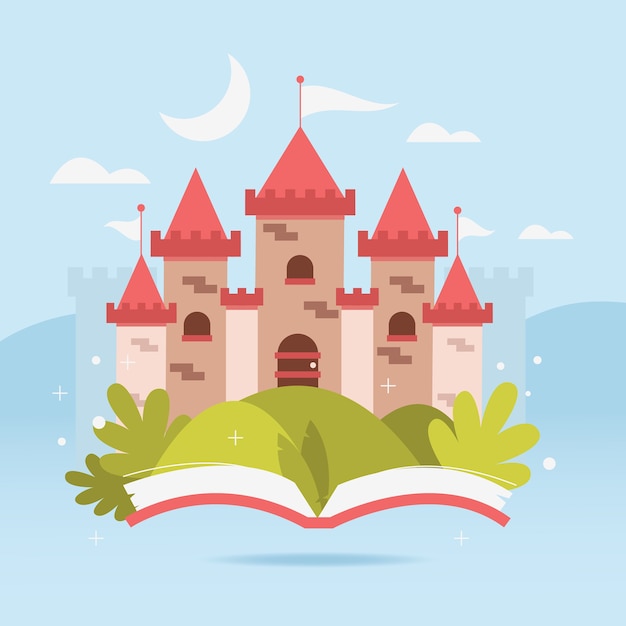 Concepto de castillo de cuento de hadas con libro