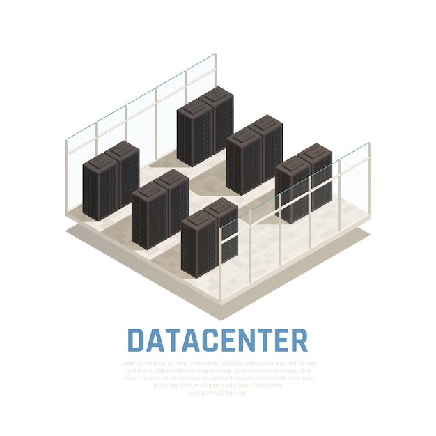 Concepto de centro de datos con base de datos del servidor y símbolos de computación isométricos