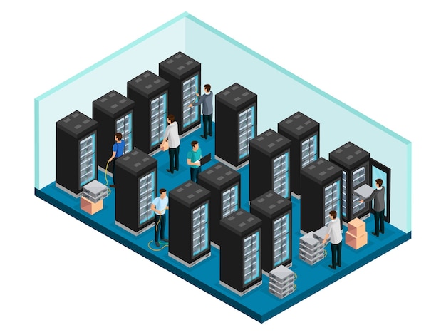 Concepto de centro de datos isométrico con ingenieros en la sala de servidores de seguridad de datos para reparación y mantenimiento de equipos aislados