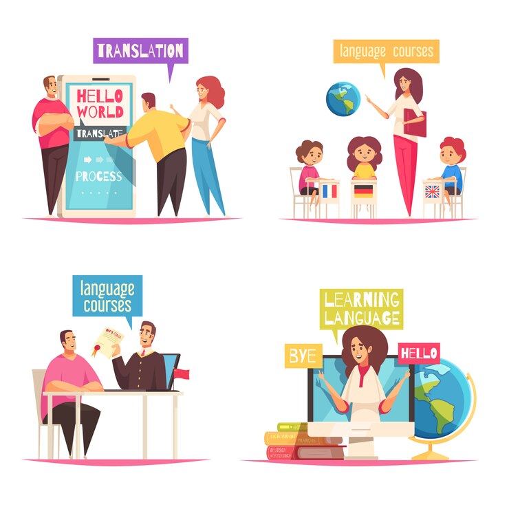 Vector gratuito concepto de centro de idiomas 4 composiciones de dibujos animados planos con diccionarios de capacitación en línea y curso grupal para niños