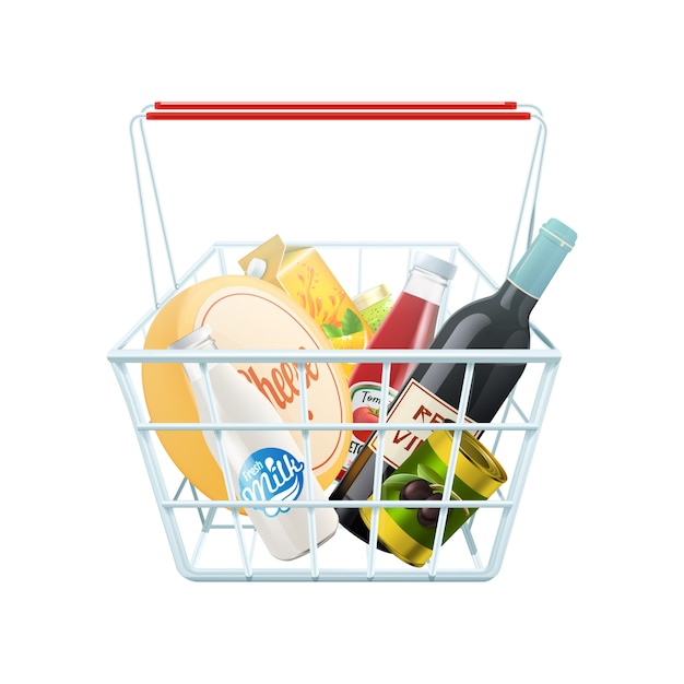 Concepto de cesta de la compra con ilustración vectorial realista de queso vino y salsa de tomate
