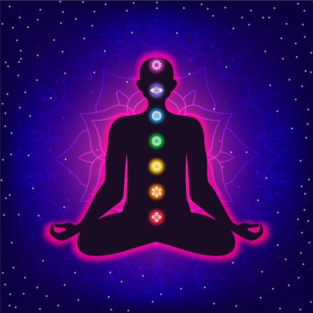 Concepto de chakras con cuerpo y puntos focales