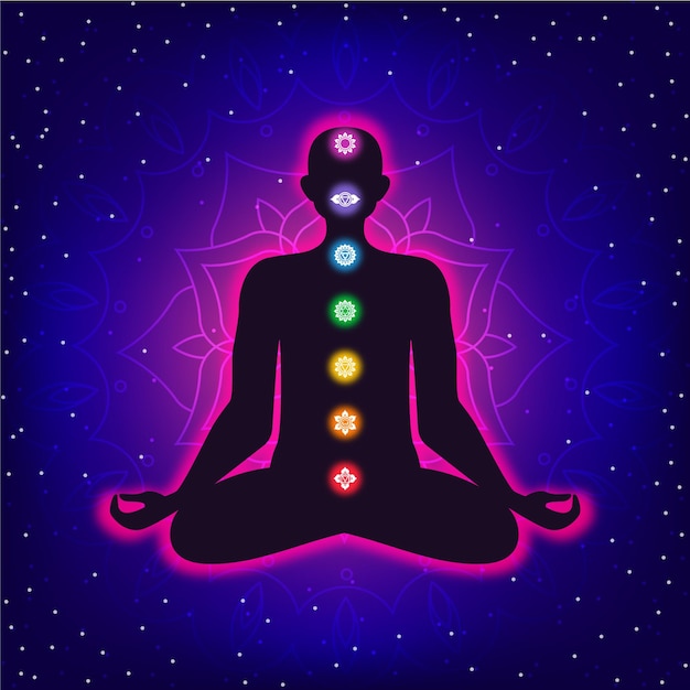 Concepto de chakras con cuerpo y puntos focales