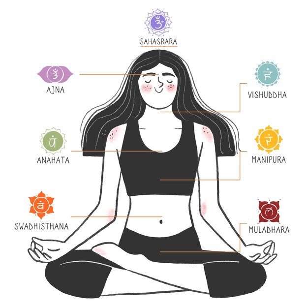Concepto de chakras con mujer relajada