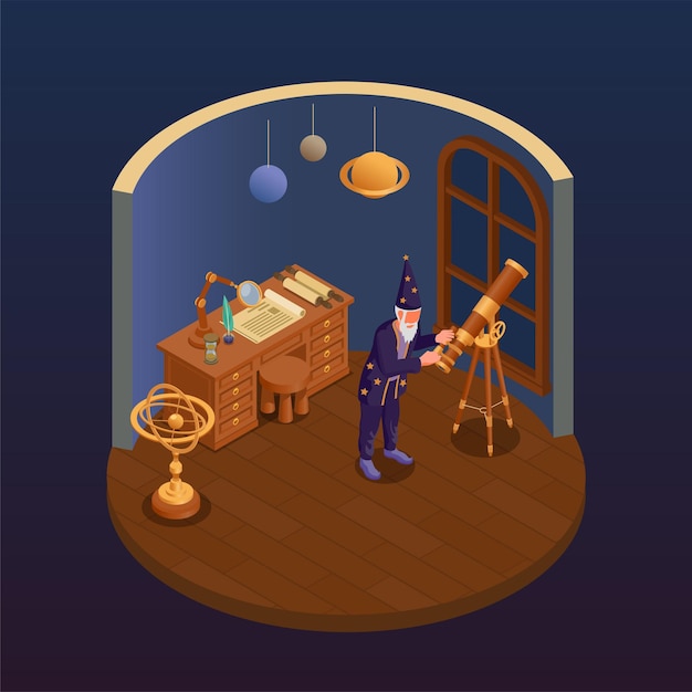 Concepto de ciencia antigua con símbolos de astronomía ilustración vectorial isométrica