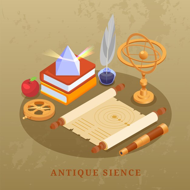 Concepto de ciencia antigua con símbolos de geografía ilustración vectorial isométrica