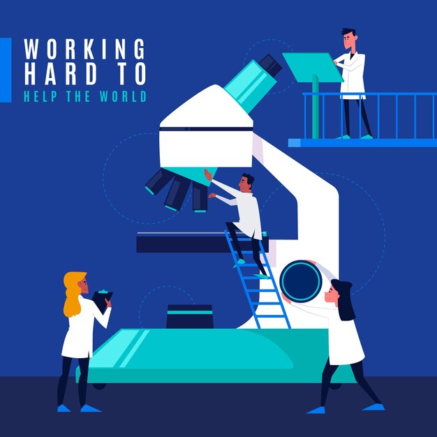 Concepto de ciencia con microscopio y científicos.