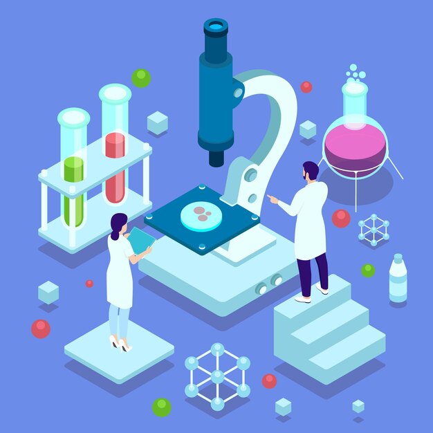 Concepto de ciencia con microscopio y científicos.