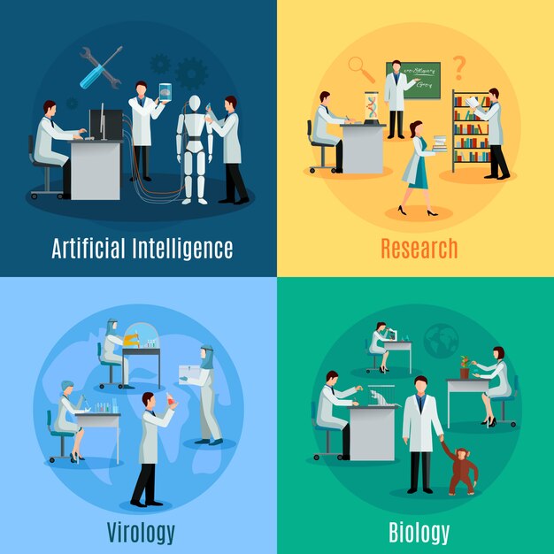 Concepto de científicos con investigadores en el campo de la virología de la biología y la inteligencia artificial