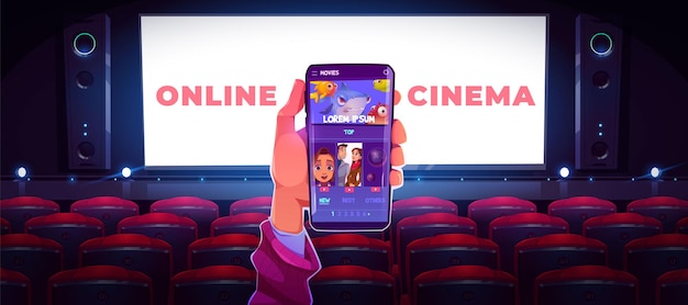 Vector gratuito concepto de cine en línea con mano humana sosteniendo teléfono inteligente con aplicación para ver películas en internet