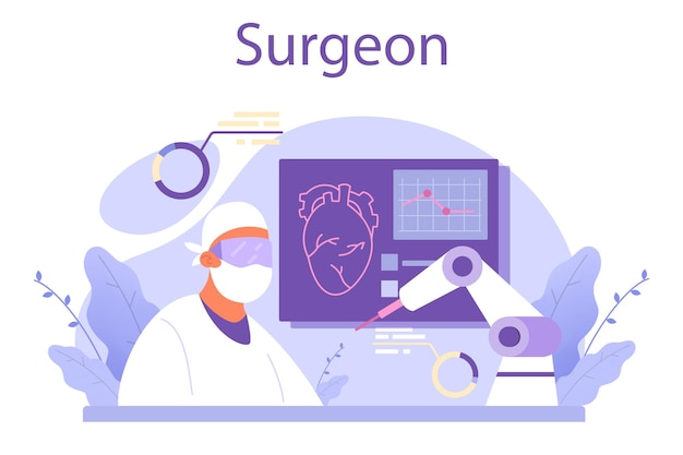 Concepto de cirujano médico que realiza operaciones médicas especialista médico profesional cita en línea consulta a domicilio conferencia ilustración vectorial aislada