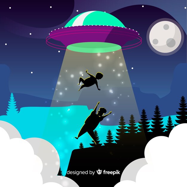 Concepto clásico de abducción de ovni con diseño plano