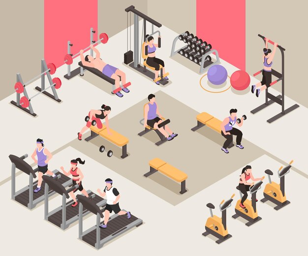 Concepto de club de fitness isométrico con espacio de gimnasio y personas entrenando ilustración vectorial
