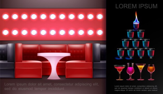 Concepto de club nocturno moderno y realista con mesa de sofá, focos, vasos de cóctel, bebidas alcohólicas