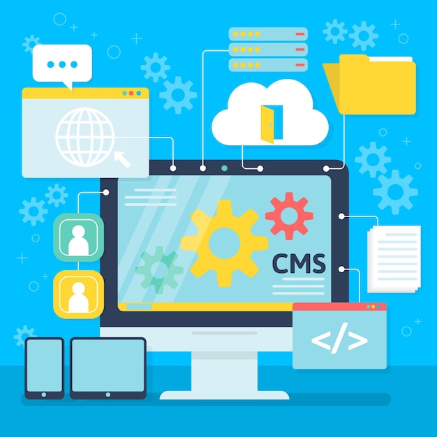 Vector gratuito concepto de cms plano en una pantalla de escritorio