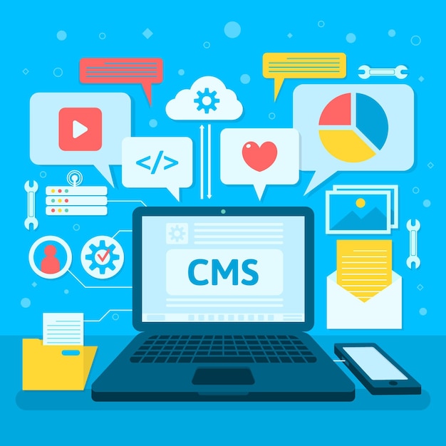 Concepto de cms plano con varias aplicaciones abiertas