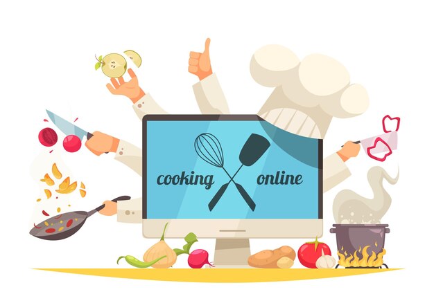 Concepto de cocina en línea con símbolos de taller de chef planos