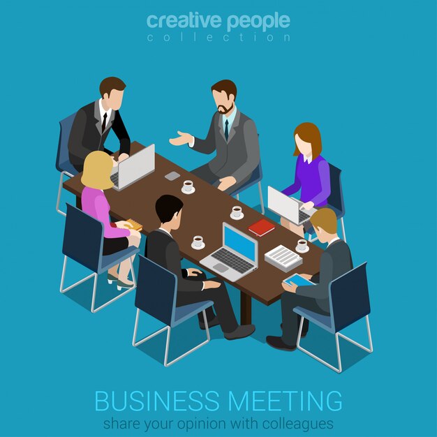 Concepto de colaboración de equipo de reunión de negocios Los empresarios alrededor de la mesa de trabajo con tableta portátil hablan completamente isométrica.