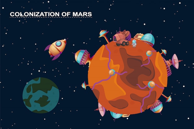 concepto de colonización de marte de dibujos animados. Planeta rojo en el espacio, cosmos con edificios de la colonia.